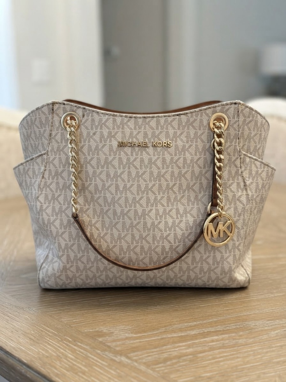 Michael Kors Beige Logo Chain-Handle Tote with Gold Hardware